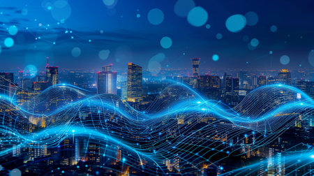 Double exposure of smart city and big data connection technology concept with digital blue wavy wires on city skyline backgroundの素材