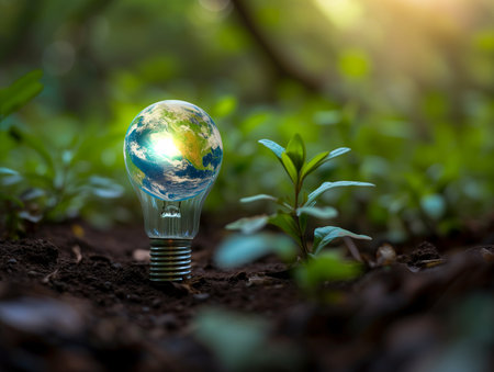 Green world map on the light bulb on green plant background, renewable energy and environmental protection conceptの素材