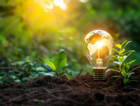 Green world map on the light bulb on green plant background, renewable energy and environmental protection conceptの素材