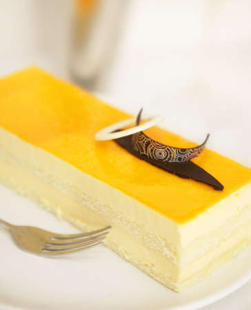 a dessert cake with mango flavor topped with unique design of chocolateの写真素材