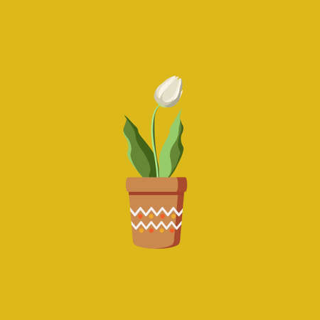 Tulip in a pot. Vector illustration isolated on yellow backgroundの写真素材
