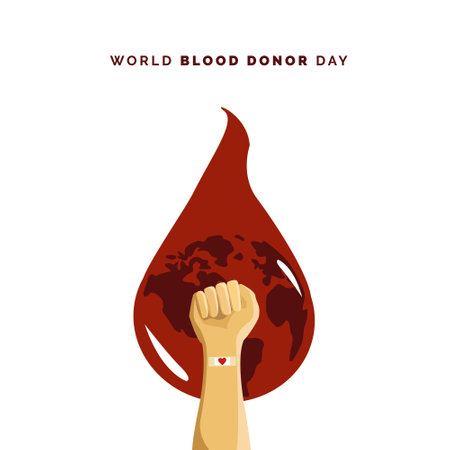 World Blood Donation Day, illustration of hands clenched in love plaster and elements of bloodのイラスト素材