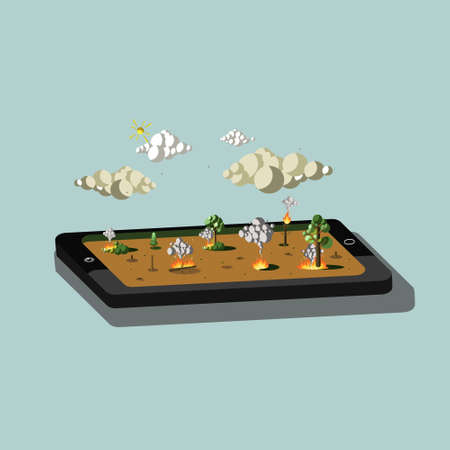 3d illustration of broken mobile phone and nature on fireのイラスト素材