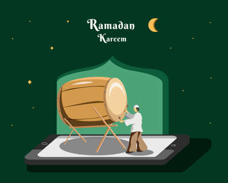 Ramadan Kareem illustration, cellphone art, and playing the drum in the Ramadan Kareem environmentのイラスト素材