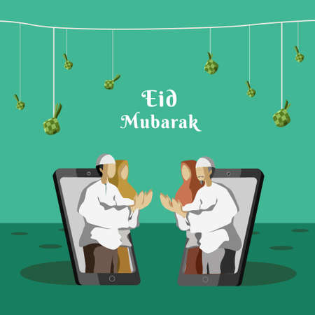 Eid vector, Eid illustration via laptop video callのイラスト素材