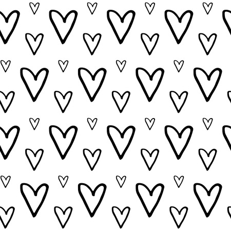 Cute black and white seamless pattern with hand drawn ink hearts.のイラスト素材