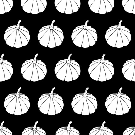 Cartoon doodle hand drawn halloween seamless pattern. Monochrome autumn background with pumpkins in kid drawing style. Lovely black and white endless vector illustration. Trendy cool vegetable print.のイラスト素材