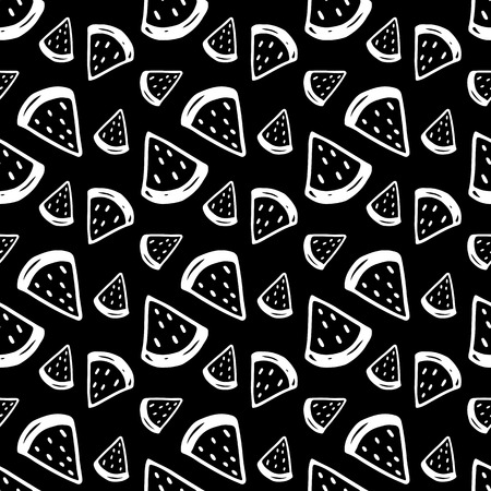 Doodle watermelon pattern with hand drawn ink fruits. Cute vector black and white watermelon pattern. Seamless monochrome cartoon watermelon pattern for fabric, wallpapers, wrapping paper and cards.のイラスト素材