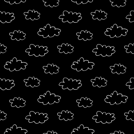 Cartoon sky pattern with hand drawn clouds. Cute vector black and white sky pattern. Seamless monochromeのイラスト素材