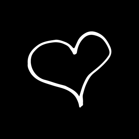Linear cartoon hand drawn heart. Cute vector black and white heart doodle. Isolated monochrome heart object on black background.の写真素材