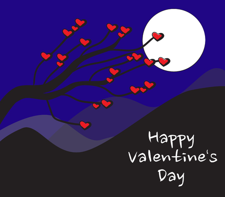 cartoon night style heart tree design for valentine's dayのイラスト素材