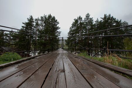 Suspended wooden bridge in the rain with trees at the edgesの写真素材