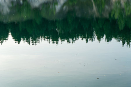 Blurry reflection of the forest and sky in the water with fine ripples.