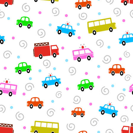 Design patterns of various vehicles, sedans, fire truck, ambulances, school buses, police cars, can be used for fabrics, textiles, wrapping paper, tablecloths, curtain fabrics, clothing etc.のイラスト素材