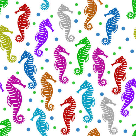 Vector design of a colorful seahorse pattern, with a white dotted background, can be used for fabrics, textiles, wrapping paper, tablecloths, curtain fabrics, clothing etc.のイラスト素材