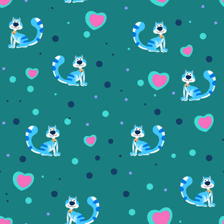 Blue cat cartoon pattern design with hearts and dots, can be used for fabrics, textiles, wrapping paper, tablecloths, curtain fabrics, clothing etc.のイラスト素材