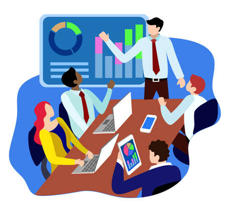 flat vector illustration of employees and entrepreneurs discussing in business meetings