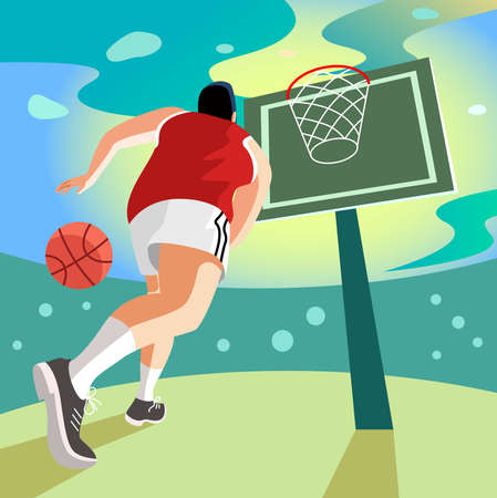 flat vector illustration of basketball player running and trying to throw the ball in the netのイラスト素材
