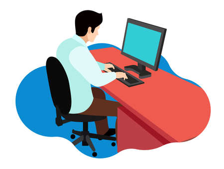 flat vector illustration of an employee working in a computer typing officeのイラスト素材