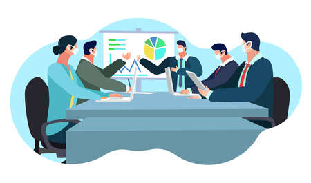 vector illustration of a meeting of several company employees in pandemicのイラスト素材