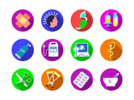 Advanced design Healthcare and Medical vector flat color long shadow with circle background icons, style 2 vol 2, suitable for web, mobile apps and etc.のイラスト素材