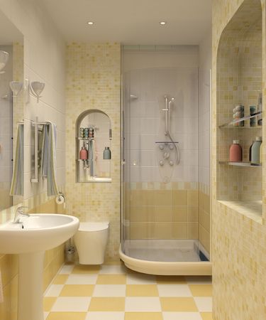 3D bathroom with toilet and shower in the yellow tileの写真素材