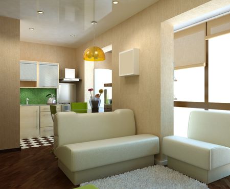 simulation of a cozy interior, kitchen with furnitureの写真素材