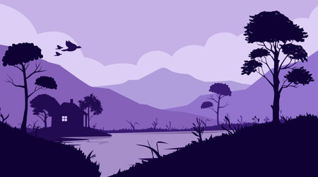 background silhouette, lakeside hut, between mountains, and trees, shades of purpleのイラスト素材