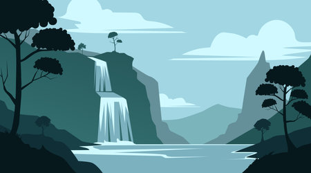 background silhouette, view of waterfalls, lakes and trees, shades of greenのイラスト素材