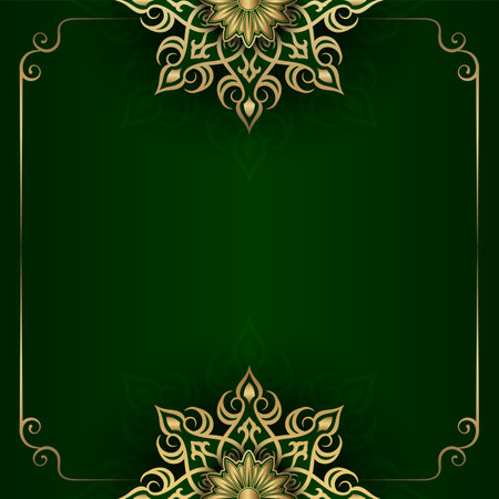 Green background with golden mandala ornamentのイラスト素材