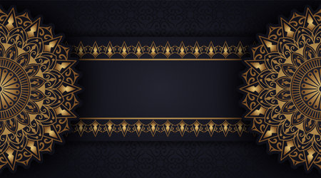 Black background with golden mandala ornamentのイラスト素材