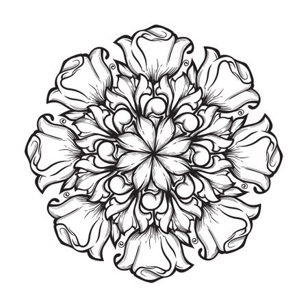 black and white round floral ornament decorationのイラスト素材