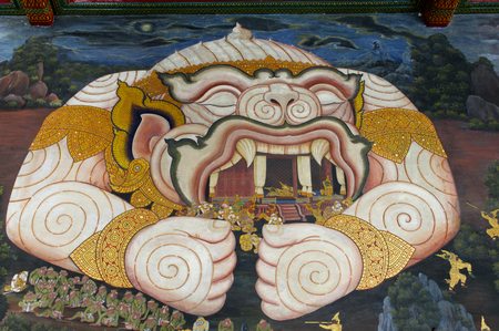 fairy tale monkey in traditional thai style painting of temple in thailandの写真素材