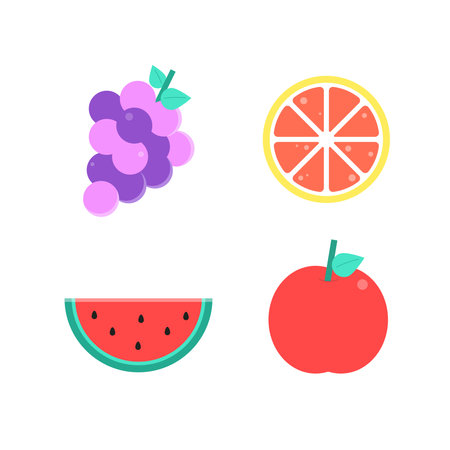 A collection of four flat-style fruit icons featuring grapes, an orange slice, a watermelon slice, and an apple.のイラスト素材