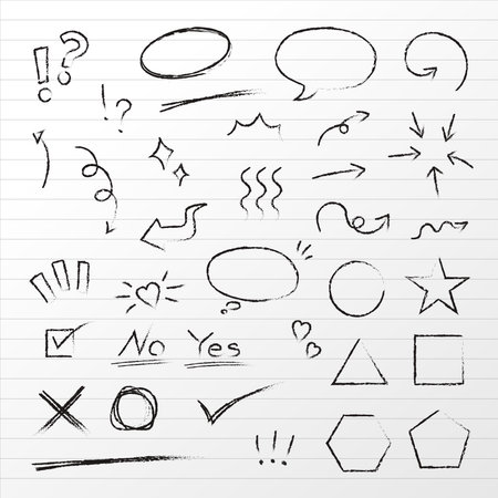 A collection of hand-drawn symbols, including arrows, checkboxes, shapes, and speech bubbles.のイラスト素材