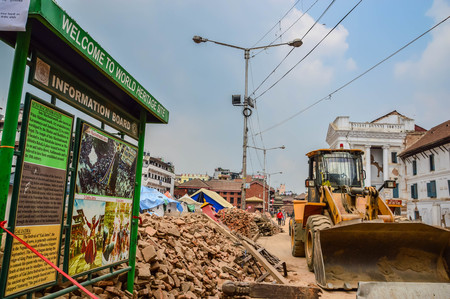 KATHMANDU, NEPAL - APRIL 26, 2015: Debris of buildings at the Durbar square in Kathmandu after, after a 7.8 earthquake, Nepalのeditorial素材
