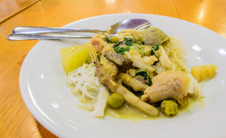 Green curry chicken with noodlesの写真素材