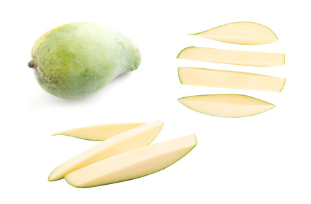 Fresh green slice mango on white backgroundの写真素材