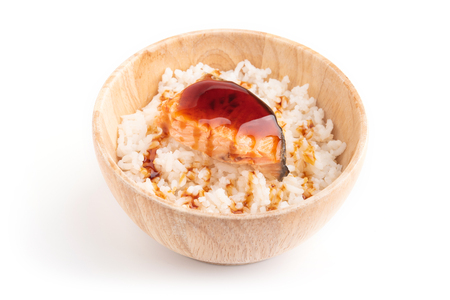 Roasted salmon fillets with rice. Isolated on a white background.の写真素材