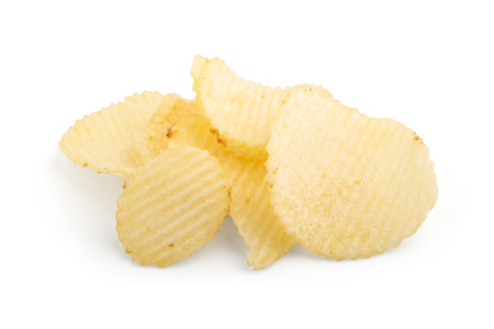 Isolated chips. Group of potato chips isolated on white backgroundの写真素材