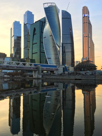 Moscow skyscrapers reflection in the riverの素材