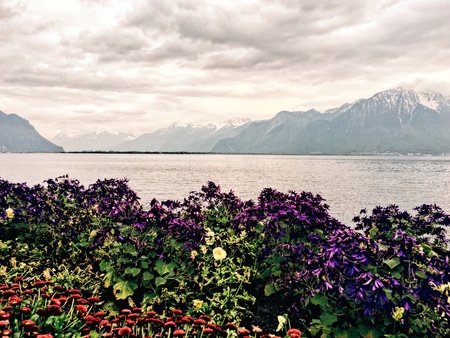 Sunset on the lake in Montreuxの素材
