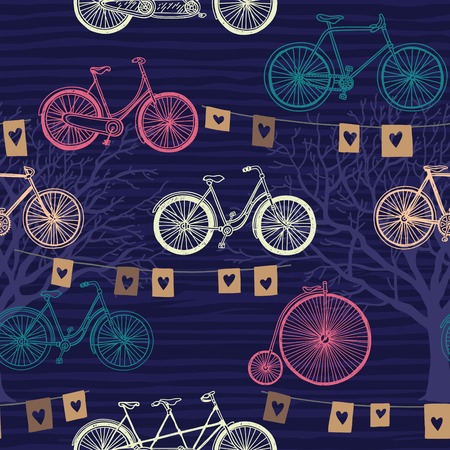 Seamless pattern with retro bicycle, trees and flags. Evening festive backgroundのイラスト素材