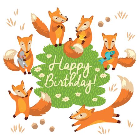 Happy birthday card in cartoon style with funny foxesのイラスト素材