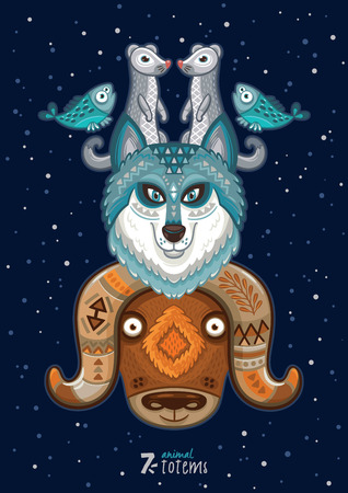 Hand drawn decorative cartoon totem with animalsのイラスト素材