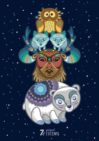 Hand drawn decorative cartoon totem with animalsのイラスト素材