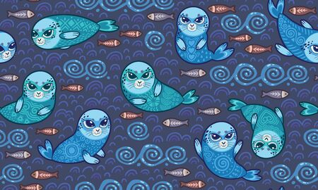 Cute ornamental baby seals in the water. Cartoon night wallpaper.のイラスト素材