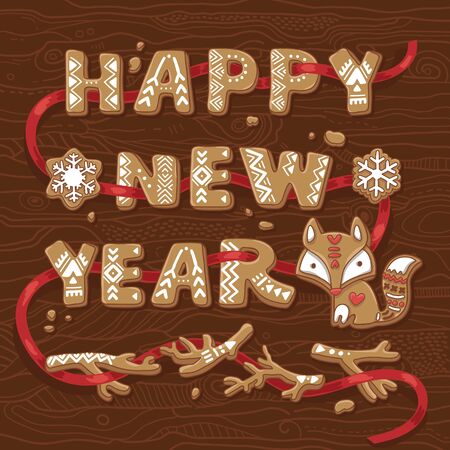 Happy New year greeting card. Vector Illustration of Gingerbread Cookiesのイラスト素材