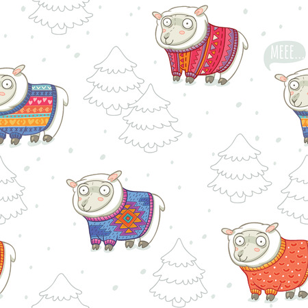 Winter holidays seamless pattern with cute sheep in knitted sweatersのイラスト素材