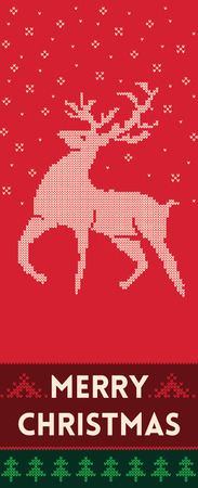 Banner design vertical background with knitted texture. Christmas banner with reindeer. Vector illustration for winter holiday in scandinavian styleのイラスト素材